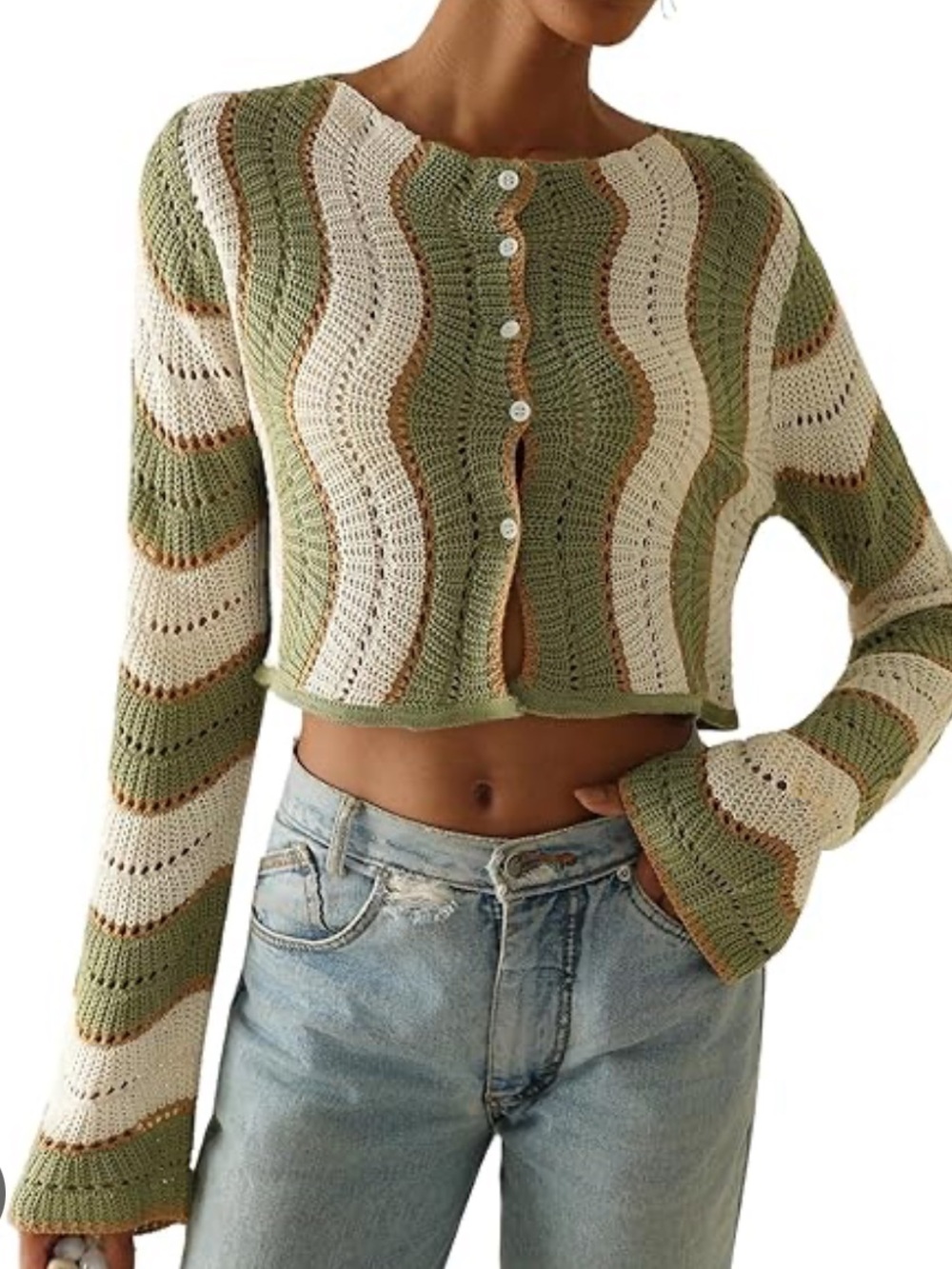 emory park Olive & Cream Crochet Wave Cardigan